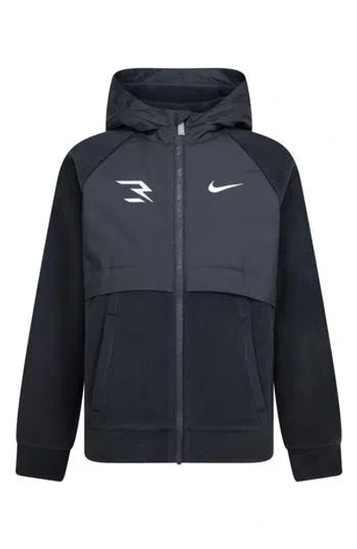 3 Brand Kids' Mixed Media Fleece Zip Hoodie In Anthracite