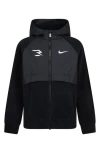 3 Brand Kids' Mixed Media Fleece Zip Hoodie In Black