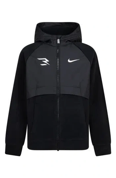 3 Brand Kids' Mixed Media Fleece Zip Hoodie In Black