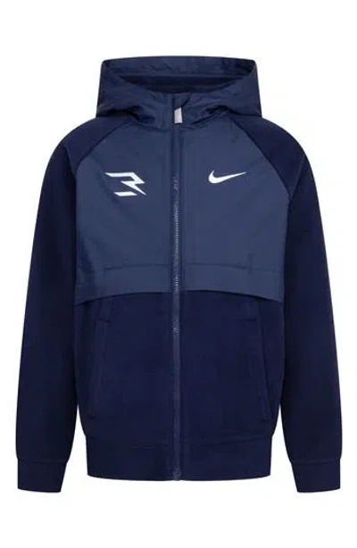 3 Brand Kids' Mixed Media Fleece Zip Hoodie In Midnight Navy