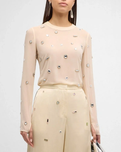 3.1 Phillip Lim Sheer Long-sleeve Halo Gem Top In Champagne