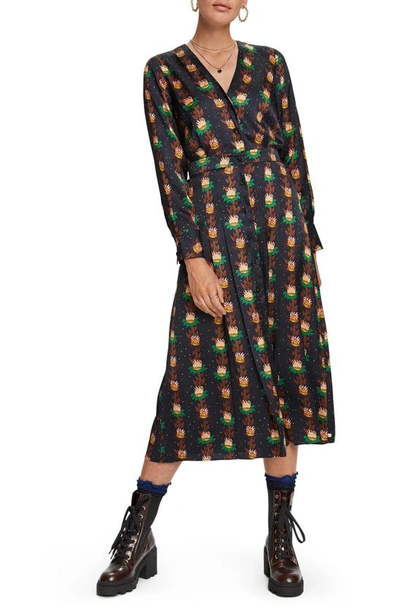 Scotch & Soda Floral Print Long Sleeve Midi Dress In Black