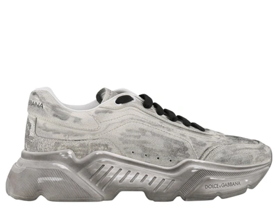 Dolce & Gabbana 50mm Crackle Aged Leather Sneakers In Grey