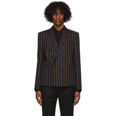Saint Laurent Double Breasted Short Tailored Jacket In Striped Wool Serge In Blue