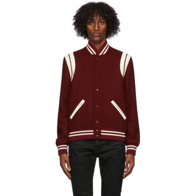Saint Laurent Burgundy Wool Teddy Bomber Jacket In Bordeaux