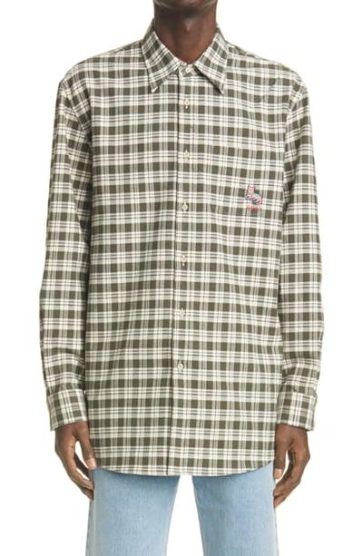 Gucci Cat Patch Check Cotton Flannel Button-up Shirt In Green Ivory Flannel