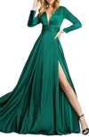 Ieena For Mac Duggal V-neck Long-sleeve Satin Thigh-slit Gown In Midnight