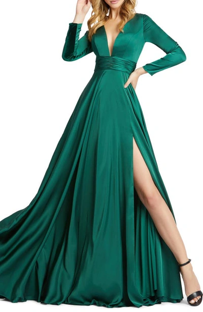 Ieena For Mac Duggal V-neck Long-sleeve Satin Thigh-slit Gown In Emerald
