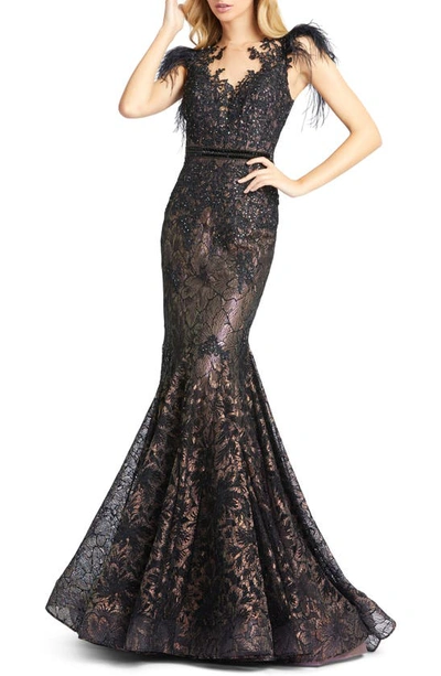 Mac Duggal Illusion Sequin Lace Feather Sleeve Mermaid Gown In Multi