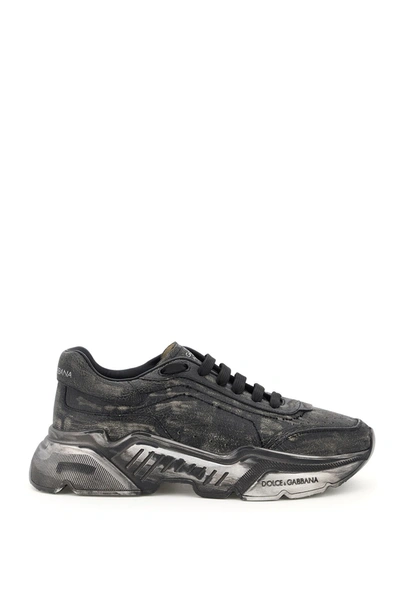 Dolce & Gabbana Black Leather Daymaster Sneakers In Black,grey,silver