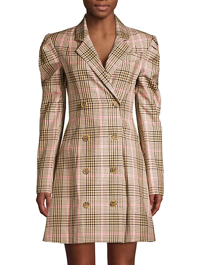 Maggie Marilyn Leap Of Faith Plaid Double-breasted Blazer Dress In Camel