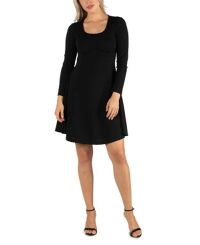 24seven Comfort Apparel Women's Simple Long Sleeve Knee Length Flared Dress In Black
