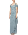 ALEX EVENINGS COLD-SHOULDER DRAPED METALLIC GOWN REGULAR & PETITE SIZES