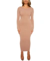 Naked Wardrobe Long Sleeve Midi Pencil Dress In Coco