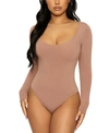 Naked Wardrobe Come Around Long-sleeve Bodysuit In Coco