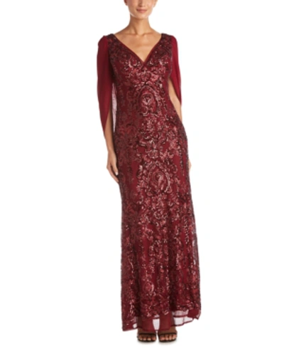 R & M Richards Sequin Drape-back Cape Gown In Wine