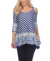 White Mark Women's Maternity Plus Size Printed Cold Shoulder Tunic Top In Navy