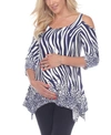 White Mark Women's Maternity Plus Size Printed Cold Shoulder Tunic Top In Navy, White