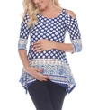 White Mark Women's Maternity Plus Size Printed Cold Shoulder Tunic Top In Blue/white