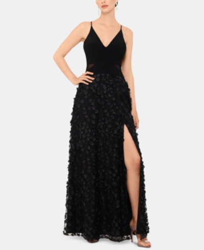 Xscape Petite Sleeveless Floral-textured Gown In Black