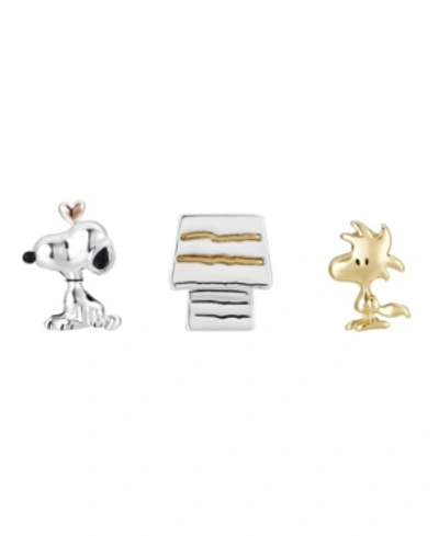 Peanuts Tri-tone Snoopy, Woodstock, Dog House Lapel Pin Set, 3 Pieces In Silver-tone