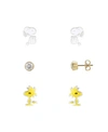 PEANUTS TWO-TONE SNOOPY, ENAMEL WOODSTOCK, CUBIC ZIRCONIA EARRINGS TRIO SET, 3 PIECES GOLD-FLASH SILVER PLAT