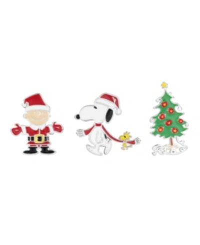 Peanuts Enamel Charlie Brown Santa, Snoopy And Woodstock, Christmas Tree Lapel Pin Set In Silver