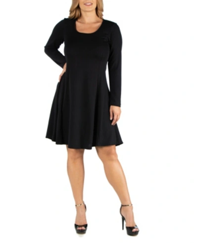 24seven Comfort Apparel Plus Size Long Sleeve Flared Dress In Black