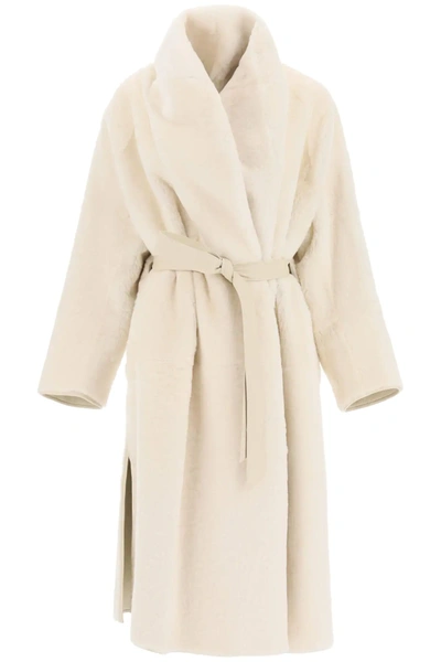 Max Mara Long Reversible Shearling Coat In White