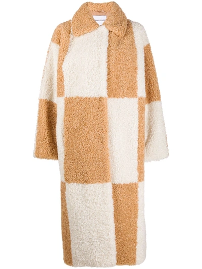 Stand Studio Nikki Checkered Eco-shearling Coat In White,beige