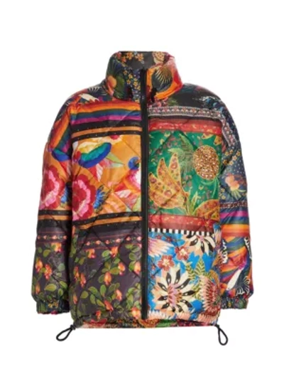 Farm Rio Mixed Scarves Reversible Puffer Jacket In Patch Scarf