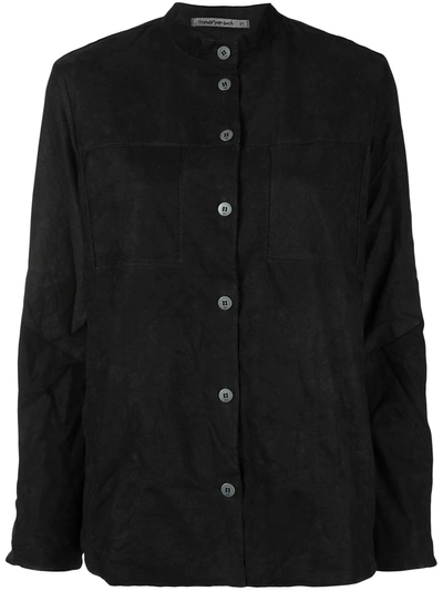 Transit Collarless Leather Shirt Jacket In Black