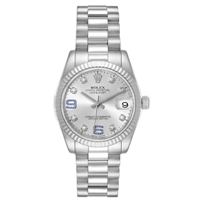 Pre-owned Rolex Silver Diamonds And Sapphire 18k White Gold President 178279 Women's Wristwatch 31 Mm