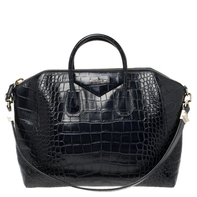 Pre-owned Givenchy Navy Blue Croc Embossed Leather Antigona Satchel