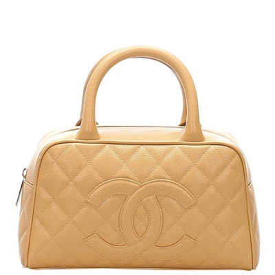 Pre-owned Chanel Brown Matelasse Caviar Leather Top Handle Bag In Beige
