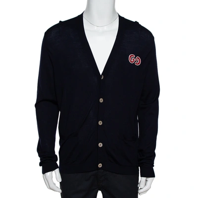 Pre-owned Gucci Navy Blue Wool Gg Detail Button Front Cardigan Xl
