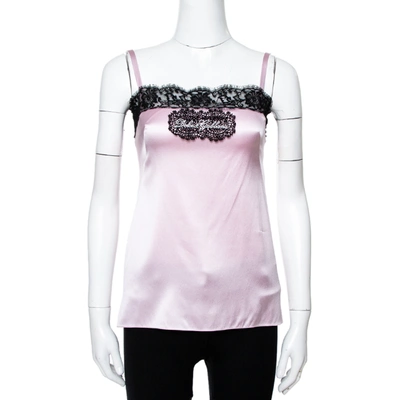 Pre-owned Dolce & Gabbana Pink Silk Satin Logo Lace Trim Camisole Xs