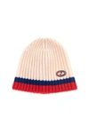 GUCCI WOOL BEANIE IN IVORY RED AND BLUE