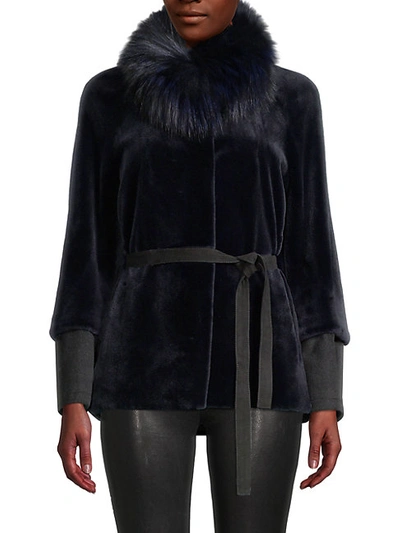 Gorski Mink & Silver Fox Fur Belted Cape In Navy