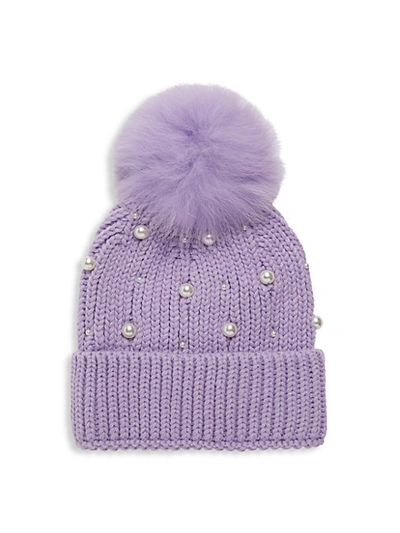 Adrienne Landau Fox Fur-trim & Faux Pearl Embellished Knit Beanie In Purple