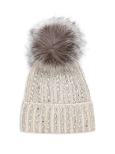 Adrienne Landau Fox Fur-trim Sequin-knit Beanie In Beige