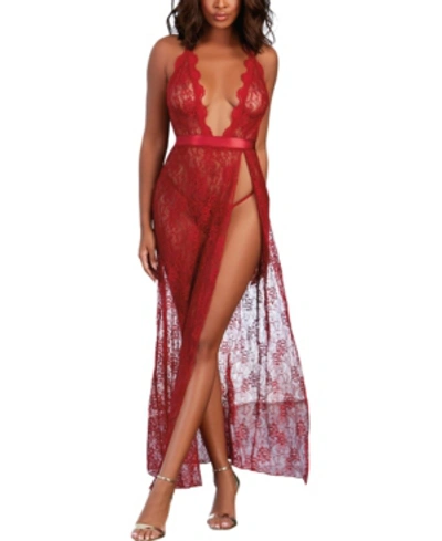 Dreamgirl Women's Lace Halter Lingerie Gown With Scalloped-edge Trim In Garnet