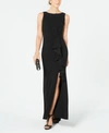 Betsy & Adam Womens Ruched Side Slit Evening Dress In Black