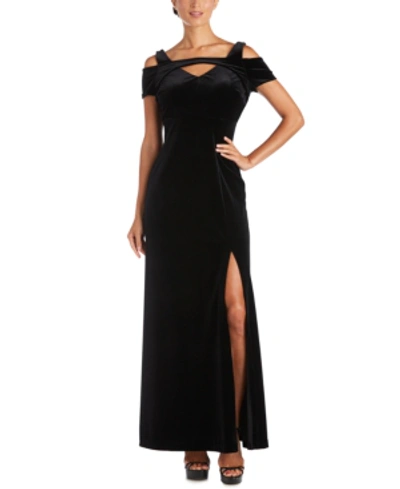 Nightway Petite Stretch-velvet Cold-shoulder Gown In Black