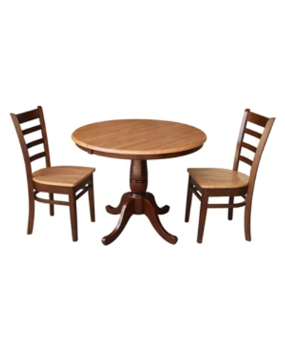 International Concepts 36" Round Top Pedestal Ext Table With 12" Leaf And 2 Rta Chairs In Brown
