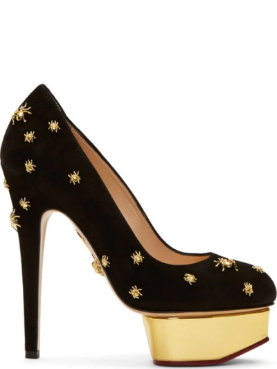 Charlotte Olympia Spider Dolly Suede Platform Pumps In Black Gold