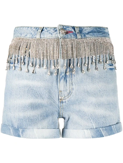 Philipp Plein Crystal Fringe Denim Shorts In Blue