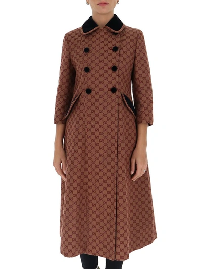 Gucci Gg-jacquard Double-breasted Cotton-blend Coat In Beige