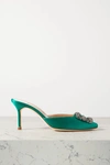 Manolo Blahnik Green Hangisi 70 Crystal Buckle Satin Mules In Green