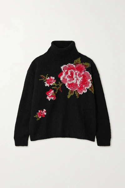 Red Valentino Embroidered Knitted Turtleneck Jumper In Black